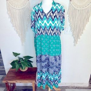 Blair turquoise zig zag print boho maxi dress large